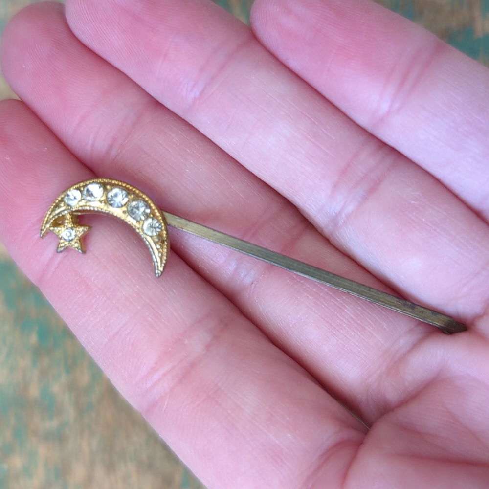 Vintage GOODY Crescent Moon & Star Pave Rhinestone Crystal Bobby Pin - RARE!
